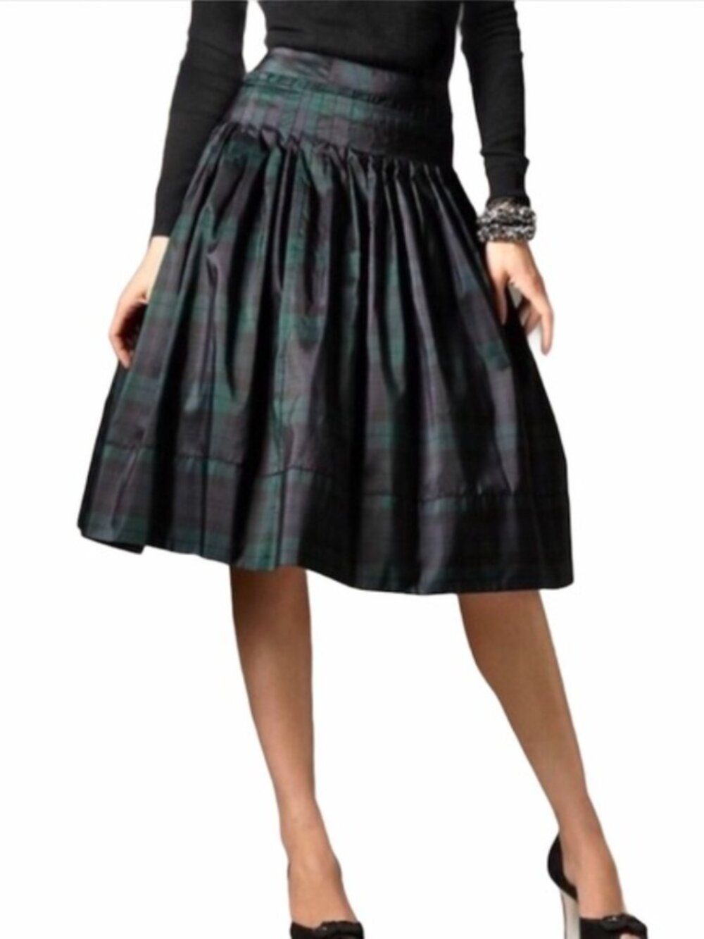 Talbots Silk Taffeta Black Watch Tartan Plaid Pleated A-Line Midi Skirt Size 14P